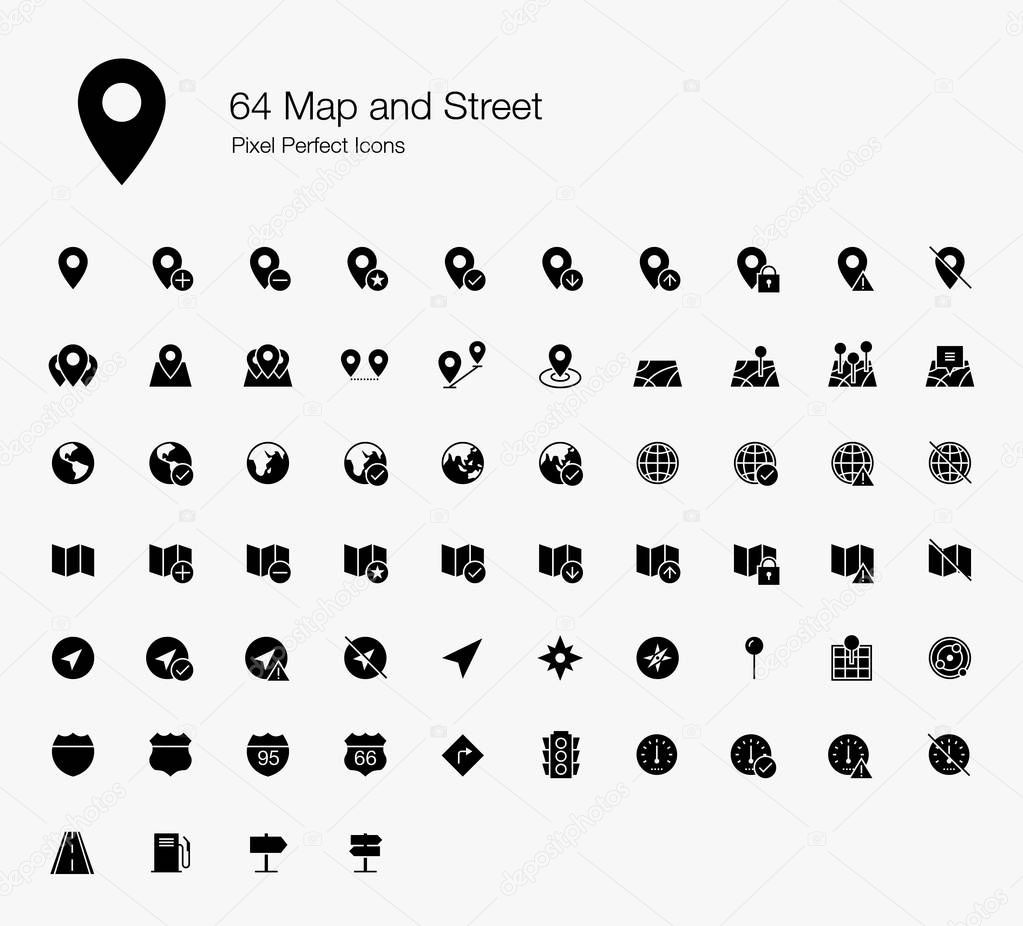 64 Map and Street Pixel Perfect Icons (Filled Style). Vector icons for map, directions, and GPS.