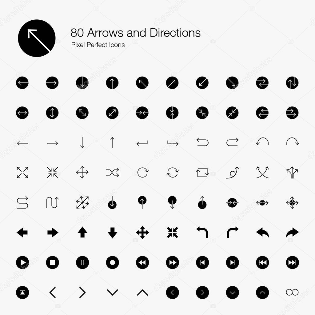 80 Arrows and Directions Pixel Perfect Icons (Filled Style). Vector icons set of various arrows, directions, and buttons.
