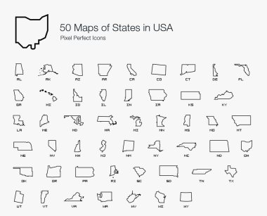 Tüm 50 Abd Devletleri Harita Piksel Mükemmel Simgeler (Line Style). Amerika Birleşik Devletleri eyaletlerinin tam vektör simgeleri haritası.