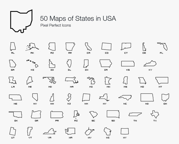 All 50 USA States Map Pixel Perfect Icons (Line Style). Vector icons of the complete United States of America states map.