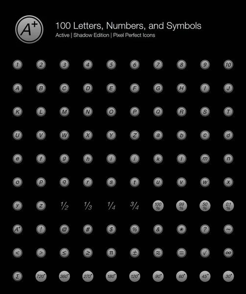 100 Buchstaben Zahlen Und Symbole Pixeln Perfekte Icons Shadow Edition — Stockvektor