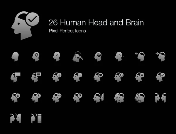 人头和大脑像素完美的图标 填充风格阴影版 人的思想 互动和行动的矢量图标集 — 图库矢量图片