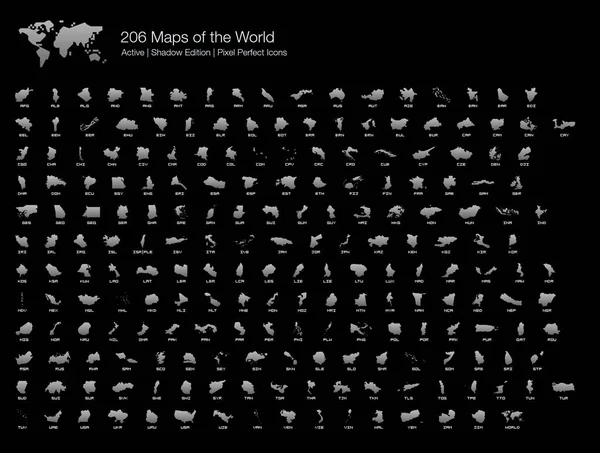 世界ピクセルパーフェクトアイコン 塗りつぶしスタイルシャドウエディション のすべての206完全な国のマップ すべての単一の国の地図がリストされ 文言とタイトルで隔離されています 世界のアウトラインの完全な地図 — ストックベクタ