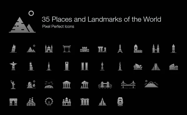 35の場所と世界ピクセルパーフェクトアイコン 塗りつぶされたスタイルシャドウエディション のランドマーク 世界中の有名な場所や建物のベクトルアイコン — ストックベクタ