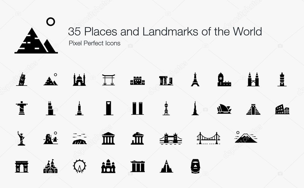 35 Places and Landmarks of the World Pixel Perfect Icons (Filled Style). Vector icons of famous places and buildings around the world. 