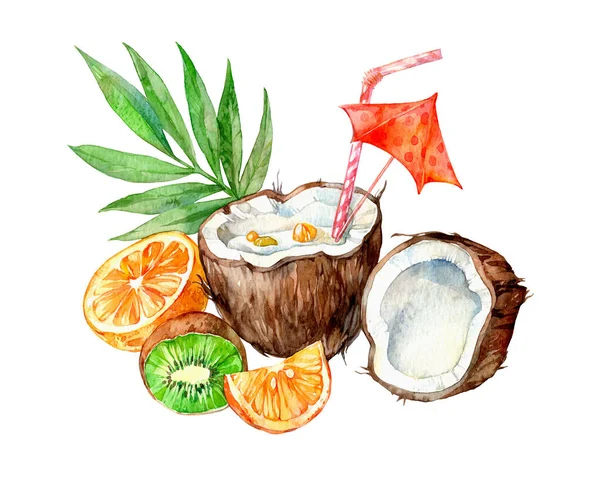 Kokosnuss Und Früchte Exotischer Cocktail Aquarell Illustration Auf Weißem Hintergrund — Stockfoto