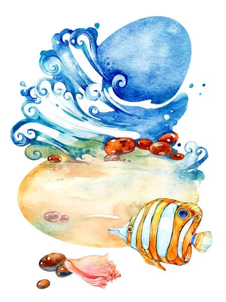 海の背景 魔法の海 海の要素 白い背景の水彩イラスト — ストック写真