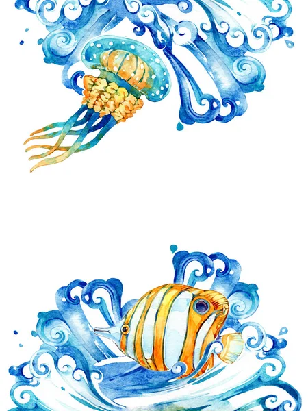 Meereshintergrund Magisches Meer Elemente Des Meeres Aquarell Illustration Auf Weißem — Stockfoto
