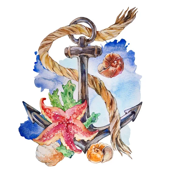 Anker Mit Seesternen Und Muscheln Aquarell Illustration Auf Weißem Hintergrund — Stockfoto