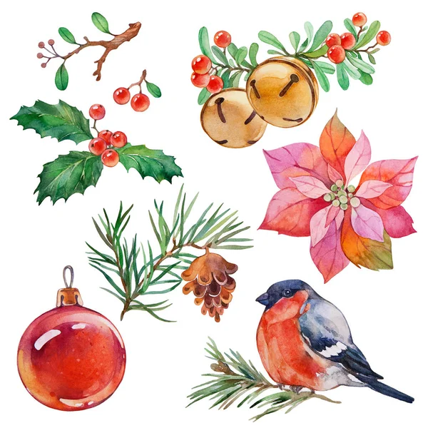 Set Weihnachtliche Elemente Aquarell Illustration Auf Weißem Hintergrund — Stockfoto