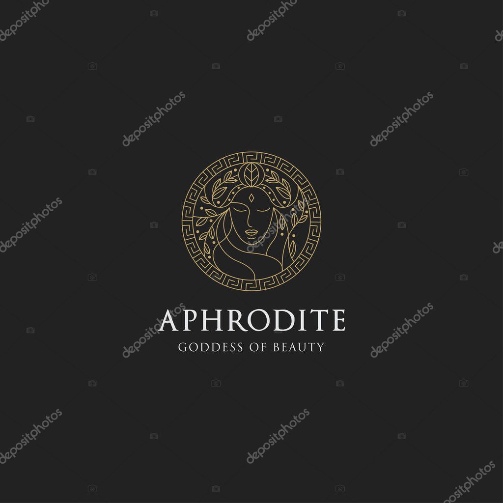 Monoline aphrodite greek women goddes of beauty with decorative circle vector illustration