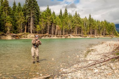 Yeşil Kitimat Nehri 'nde bir somon balığına tutulan bir balıkçı, Kanada' nın Britanya Kolumbiyası 'nda, arka planında kozalaklı ağaçlık ve mavi gökyüzü olan bir balıkçı.