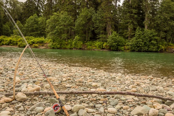 Bastone Mosca Veloce Appoggiato Ramo Accanto Fiume Verde Con Pesce — Foto Stock