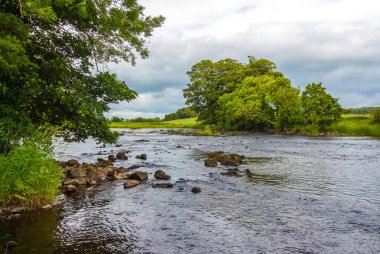 A rocky riffle under trees on a summers day on the River Dee, Galloway, Scotland clipart