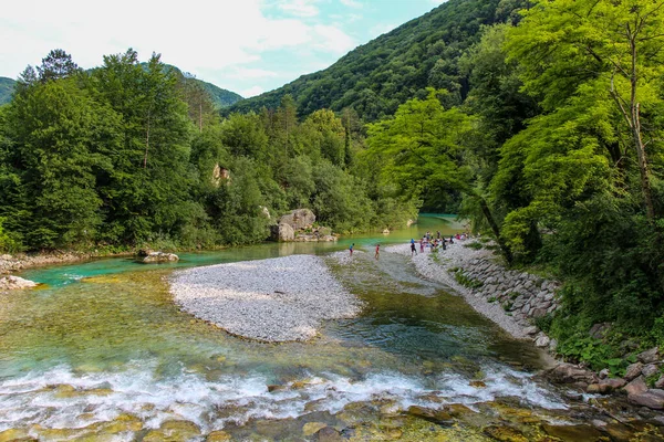 Looking Downstream Weir Tolminka River Tolmin Summer Slovenia — Stock Photo, Image