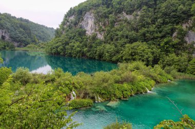 Hırvatistan 'ın UNESCO Dünya Mirası Bölgesi' ndeki Plitvice Gölleri arasındaki bir şelalenin üzerinden akan su