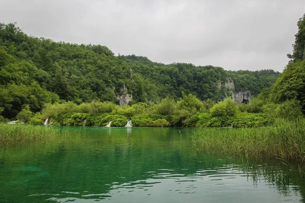 View Green Lake Reeds Waterfall Mountain Background Plitvice Lakes Croatia — Stock Photo, Image