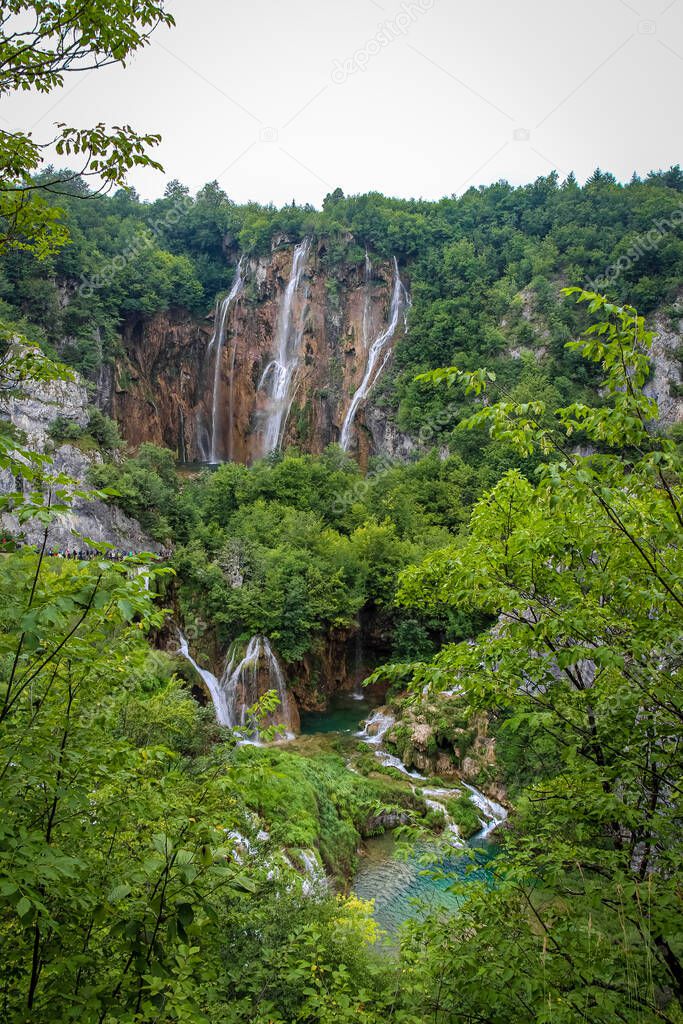 A series of large waterfalls at Plitvice Lakes, UNESCO World Heritage Site, Croatia