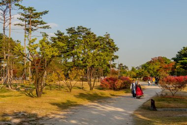 Seul, Güney Kore - 19 Ekim 2017: Güney Kore 'deki Gyeongbokgung Sarayı' nda geleneksel Kore hanbok elbiseli bir çift