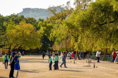 Seul, Güney Kore - 19 Ekim 2017: Gyeongbokgung Sarayı 'ndaki turistler sonbaharda veya sonbaharda, Seul, Güney Kore