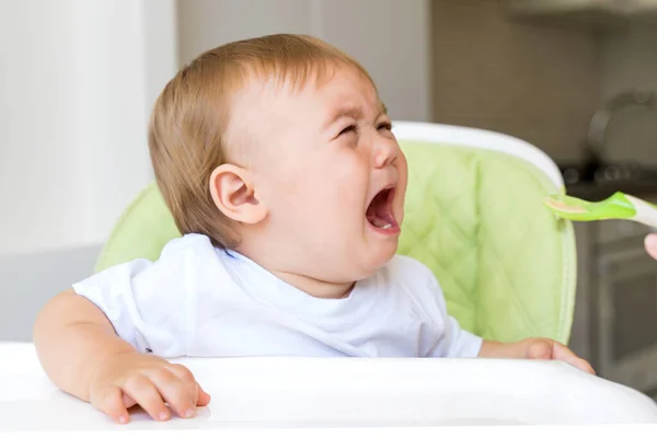 Charming Little Baby Boy Months Doesn Want Eat First Food — Stock Photo, Image