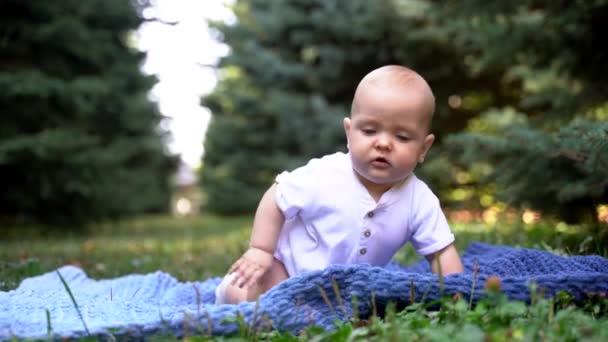 Pequeño bebé divertido arrastrándose sobre la hierba — Vídeos de Stock
