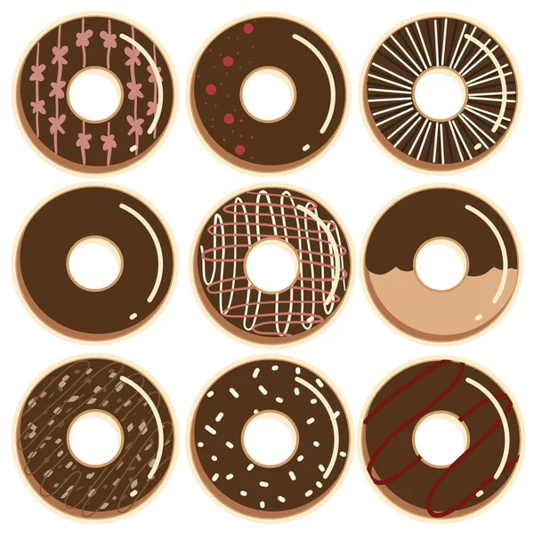 Conjunto Rosquillas Chocolate Con Diferentes Donas Vector — Archivo Imágenes Vectoriales