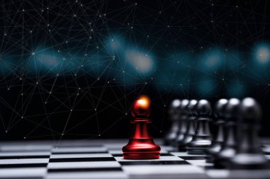 Kırmızı piyon farklı düşünceleri ve liderliği göstermek için çizgiyi aştı. Yeni normal kavram için iş teknolojisi değişimi ve bozulma.