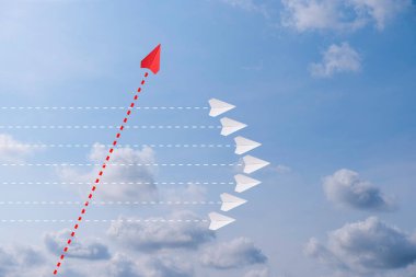 Red paper plane out of line with white paper to change disrupt and finding new normal way on sky background. Lift and business creativity new idea to discovery innovation technology. clipart