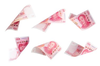 Beyaz arka planda 100 Çin Renminbi Yuan para birimi uçuş koleksiyonu izole edildi. Çin 'de yüksek ekonomik büyüme var ve Yuan para değişimi başlıca ticaret aracı..