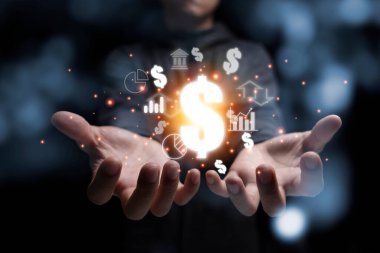 Grafik ve turuncu işaret fişeğiyle iki el ABD doları işareti tutuyor. USD dünyadaki ana döviz kurudur..