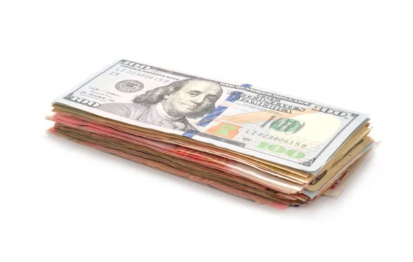 Fechar Empilhamento Notas Dólar Isoladas Sobre Fundo Branco — Fotografia de Stock