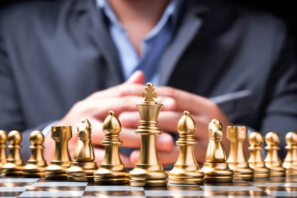 Golden Chess Pieces Chess Board Front Businessman Business Competition Marketing — Stock Photo, Image