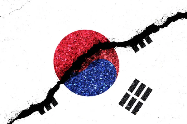 Japan Och Sydkorea Flagga Spruckna Väggskador Båda Länderna Har Ekonomiska — Stockfoto