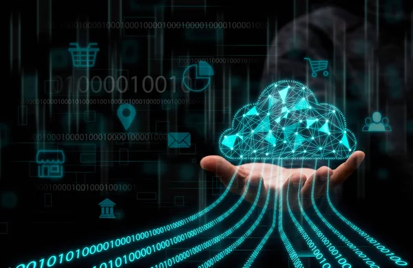 Zakenman Met Virtuele Cloud Computing Data Informatie Dragen Downloadapplicatie Uploaden — Stockfoto