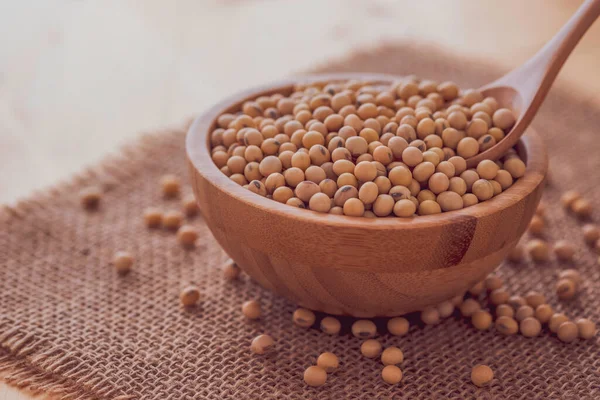 Closeup of fresh dry soybean seed in wooden bowl with spoon on sack background.