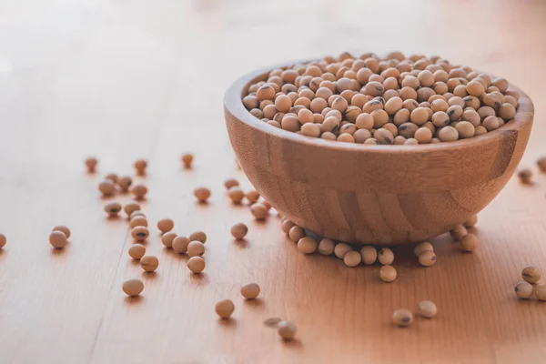 Closeup Fresh Dry Soybean Seed Wooden Bowl Wooden Background — Stock Photo, Image