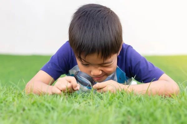 Retrato Niño Asiático Feliz Sosteniendo Mirando Con Lupa Árbol Flores — Foto de Stock