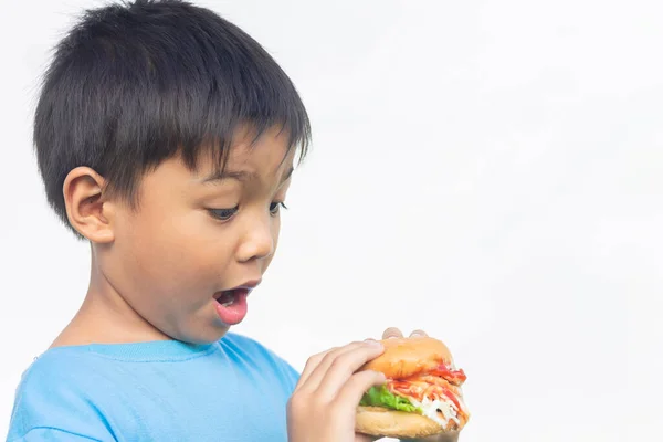 Asian Child Boy Holding Eating Hamburger Fast Food Kid Healthy — Stock Photo, Image