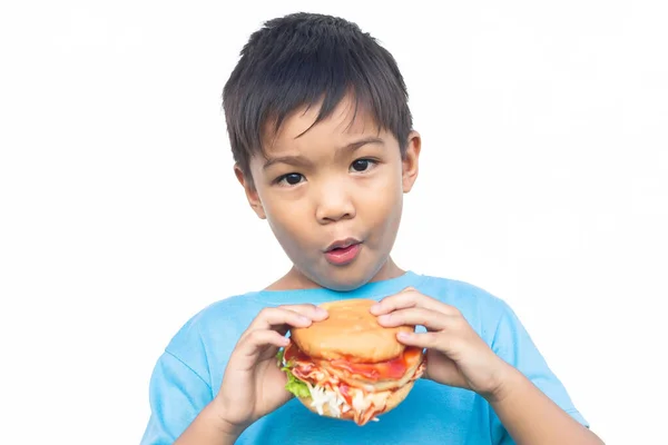 Anak Asia Menggigit Dan Makan Hamburger Makanan Cepat Saji Bocah — Stok Foto