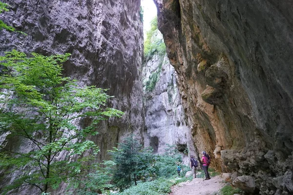 Nehir yatağındaki yüksek kayaların arasında yürüyen insanlar.