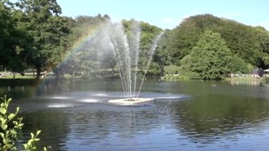 Göl kenarında gökkuşağı olan bir parkta ağır çekim çeşmesi.