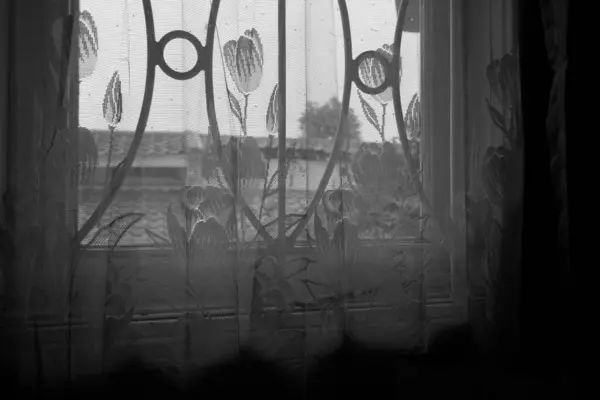 Silhuetas Através Das Molduras Das Janelas Contra Pano Fundo Cortinas — Fotografia de Stock