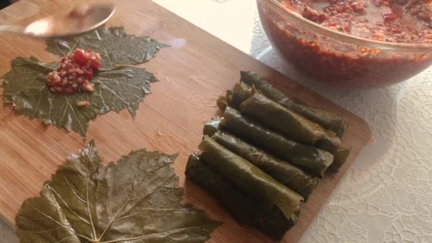 Yaprak Sarma Comida Tradicional Turca Hojas Vid Rellenas Con Arroz — Vídeos de Stock