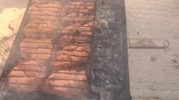 鸡肉炒烤肉架子上 — 图库视频影像
