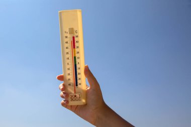 Mavi arkaplanda termometresi olan el