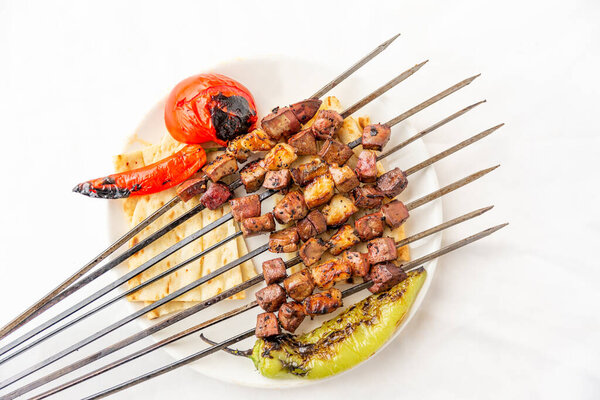 Turkish cuisine,  liver shish kebab with tomato and pepper