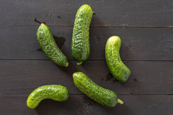 green fresh gherkins  on wooden background