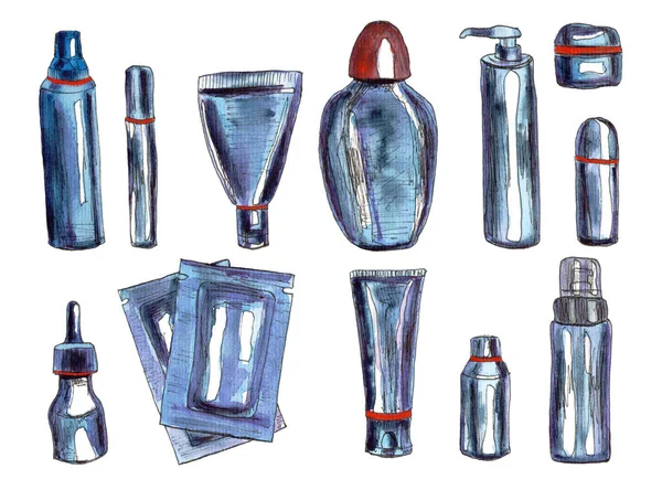 Zbiór Ilustracji Tubek Kosmetyków Kremów Tusz Rzęs Detergentów Wybór Ręcznie — Zdjęcie stockowe