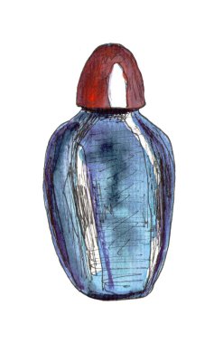 El yapımı şişe, konteynır, beyaz arka planda izole edilmiş tüp illüstrasyon. Avarel ve mürekkep tekniği. Grafik çizimi.